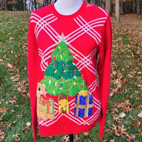 Jolly Sweaters Holiday Ugly Christmas Sweater with Christmas Tree, Bear & Gifts - Picture 1 of 14